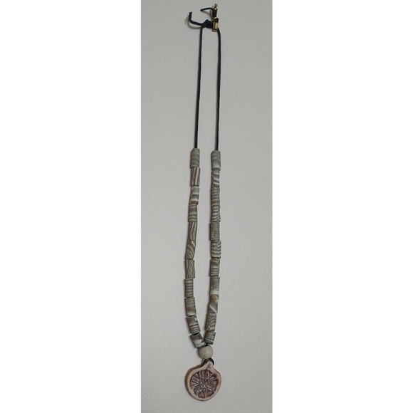 CLAY POTTERY BEADED Medallion PENDANT NECKLACE Earth Tone Nature Natural Gorp - Picture 2 of 7